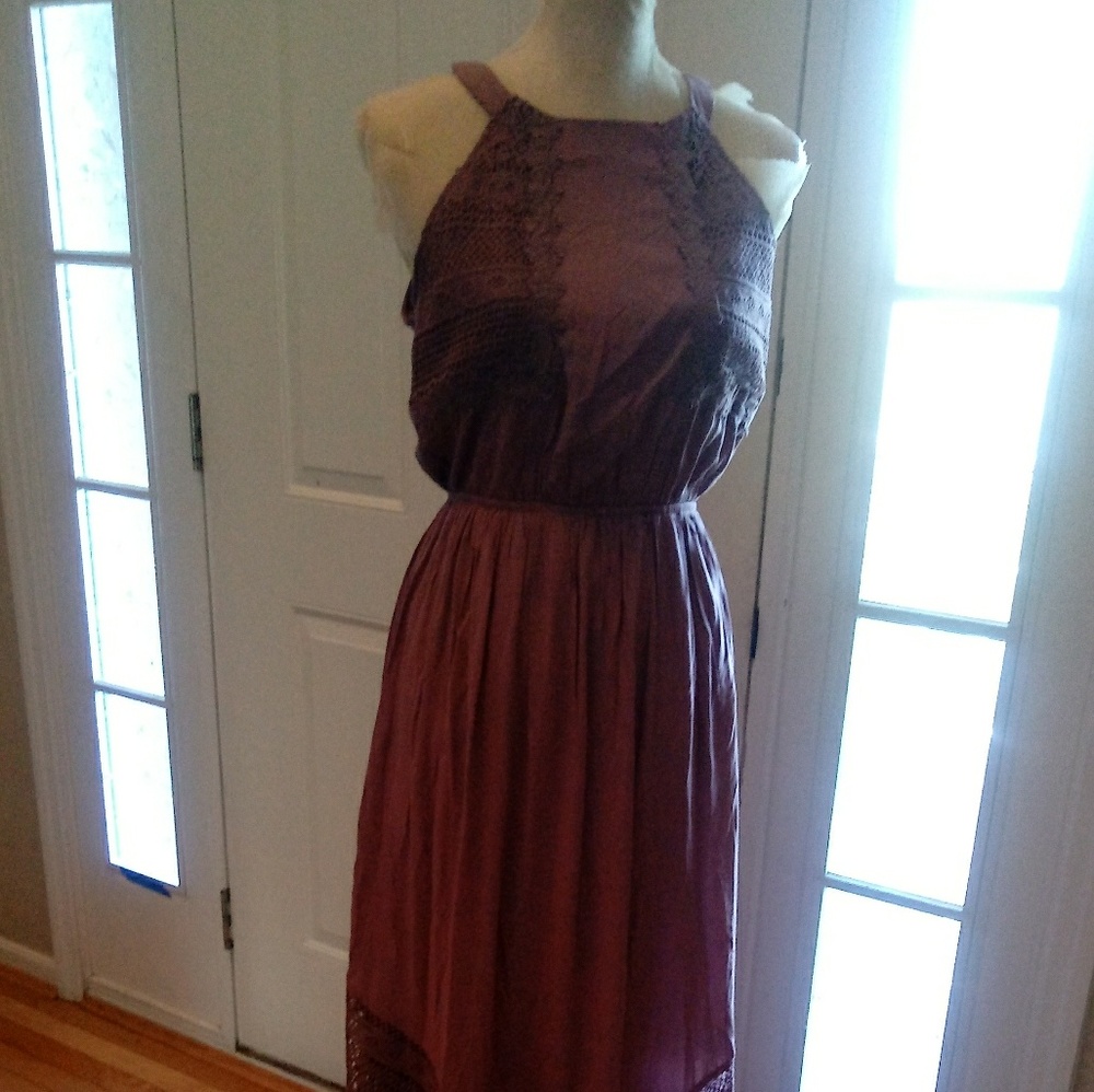 Crochet trim boho maxi dress in plum